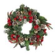 24 Inch Battery Operated Holly with Berries and Pinecones Pre Lit Wreath H4109