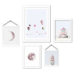 (Set of 5) White Framed Multimedia Gallery Wall Art Set - Hot Air Planets and Things - Americanflat