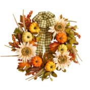 Nearly Natural 24"D Home Thanksgiving Party Decorative Fall Pumpkin, Sunflower Artificial Autumn Wreath with Decorative Ribbon