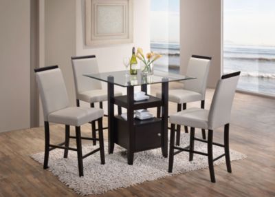 Pilaster Designs Lenn Counter Height Dining Set (35" Square Cappuccino Wood Storage Table With Beveled Glass Top & 4 Gray Faux Leather Chairs)