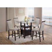 Pilaster Designs Lenn Counter Height Dining Set (35" Square Cappuccino Wood Storage Table With Beveled Glass Top & 4 Gray Faux Leather Chairs)