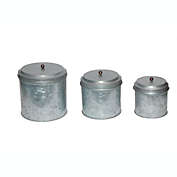 Benzara Galvanized Metal Lidded Canister With Ball Knob, Set of Three, Gray