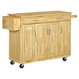 HOMCOM Wooden Rolling Kitchen Island Utility Storage Cart on Wheels with Drawers, Door Cabinets, and Knife Block for Dining Room