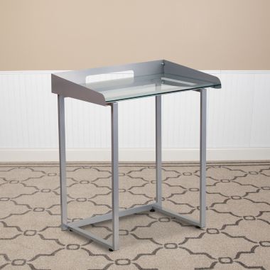 Flash Furniture Jayden Contemporary Clear Tempered Glass Desk with Raised Cable Management Border and Silver Metal Frame. View a larger version of this product image.