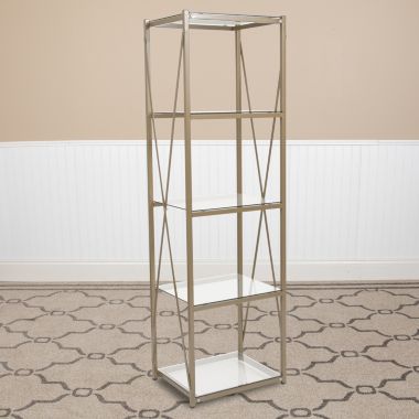 Flash Furniture Mar Vista Collection 4 Shelf 64"H Cross Brace Glass Bookcase in Matte Gold. View a larger version of this product image.