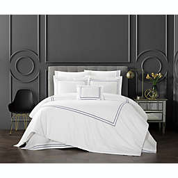 Chic Home Santorini Cotton Comforter Set Dual Stripe Embroidered Border Hotel Collection Bed In A Bag Bedding - Includes Sheets Pillowcases Decorative Pillow Shams - 8 Piece - Queen 92x96, Navy