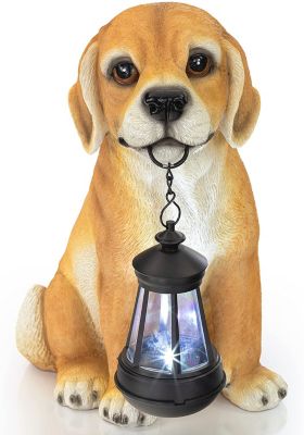 VP Home Golden Puppy with Lantern Solar Powered LED Outdoor Decor Garden