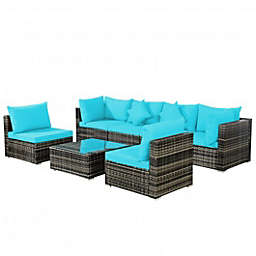 Costway 7 Pieces Patio Rattan Furniture Set Sectional Sofa Garden Cushion-Turquoise