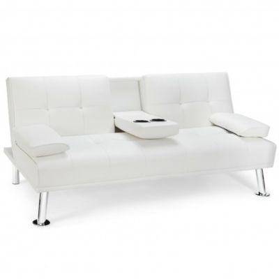 Costway Convertible Folding Leather Futon Sofa with Cup Holders and Armrests-White