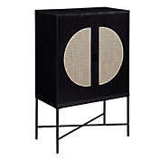 Saltoro Sherpi 47 Inch Wood Wine Cabinet with Glass Holder, Metal Legs, Black-