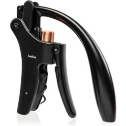 Ivation Wine Bottle Opener   Manual Handheld Corkscrew with Ergonomic Lever Pump, Standing Vertical Design, Soft Bottleneck Grip, Nonstick Screw & Easy No-Twist Cork Removal   Black & Bronze Stainless