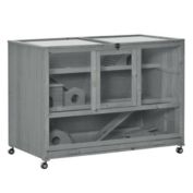 PawHut 3-Level Wooden Hamster Cage, 43" Small Animal Hutch with Seesaw, Activity Center, Ladder, Feeding Bowl and Wheels, Dark Grey