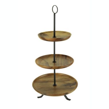 Zeckos Rustic Round Wood Standing 3 Tier Display Serving Tray Boho Décor. View a larger version of this product image.