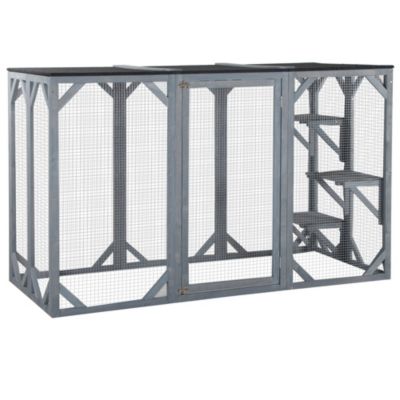 PawHut Cat Cage Indoor Outdoor Wooden Enclosure Pet House Small Animal Cage Hutch Suitable for Rabbit, Dogs, Kitten, Crate Kennel with Waterproof Roof, Multi-Level Platforms, Lock, Grey