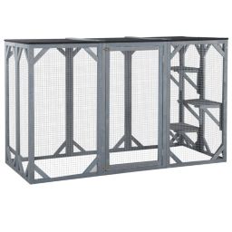 PawHut Cat Cage Indoor Outdoor Wooden Enclosure Pet House Small Animal Cage Hutch Suitable for Rabbit, Dogs, Kitten, Crate Kennel with Waterproof Roof, Multi-Level Platforms, Lock, Grey