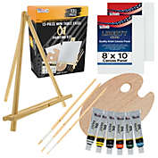 U.S. Art Supply 14-Piece Artist Painting Set with 6 Vivid Oil Paint Colors, 12" Easel, 2 Canvas Panels, 3 Brushes, Wood Painting Palette - Fun Children Kids School, Students, Beginners Starter Kit