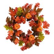Nearly Natural 20"D Autumn Assorted Maple Leaf, Pumpkin Gourd, Pinecone and Berry Artificial Fall Wreath