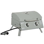 Outsunny 2 Burner Propane Gas Grill Outdoor Portable Tabletop BBQ with Foldable Legs, Lid, Thermometer for Camping, Picnic, Backyard, Light Grey
