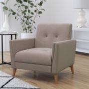 Merrick Lane Randolph Mid-Century Modern Armchair with Tufted Faux Linen Upholstery and Solid Wood Legs in Taupe