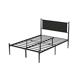 Idealhouse Phillipe Black Full Metal Platform Bed with Upholstered Headboard - 12.3 in. Height