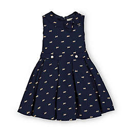 Hope & Henry Girls' Pleated Dress with Collar and Bow (Navy with Tan Horse Print, 3-6 Months)