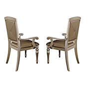 Saltoro Sherpi Wood and leather Dining Side Arm Chair With Crystal Tufting, Silver, Set Of 2-