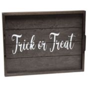 Elegant Designs "Trick or Treat" Decorative Wood Serving Tray with Black Metal Handles, 15.5"L x 12"W - Black Wash