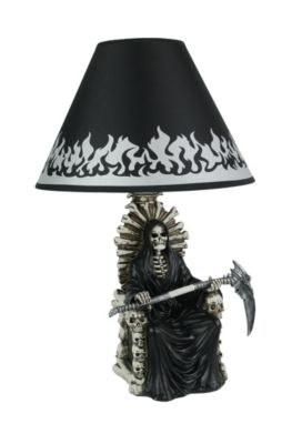 DWK Shadow of Judgement Grim Reaper on Throne Table Lamp and Fabric Flame Shade Gothic Décor