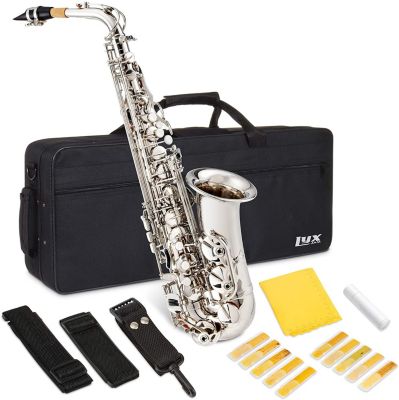 LyxPro Alto Saxophone E Flat Brass Sax Beginners Kit, Mouthpiece, Neck Strap, Cleaning Cloth Rod, Gloves, Hard Carrying Case With Removable Straps,10 Bonus Reeds