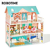 Robotime Big Wooden Dollhouse with Furniture - Play Set Gift for Kids, Girls - Blue