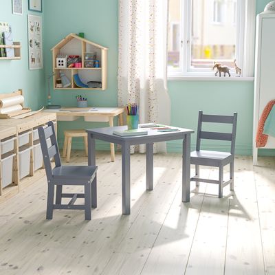 Flash Furniture Kids Solid Hardwood Table and Chair Set for Playroom, Bedroom, Kitchen - 3 Piece Set - Gray