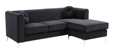 Passion Furniture Delray 87 in. Black Velvet L-Shape 3-Seater Sectional Sofa with 2-Throw Pillow