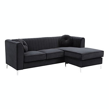 Passion Furniture Delray 87 in. Black Velvet L-Shape 3-Seater Sectional Sofa with 2-Throw Pillow. View a larger version of this product image.