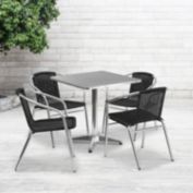 Emma + Oliver 27.5" Square Aluminum Table Set-4 Black Rattan Chairs