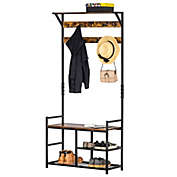 Halifax North America Hallway Tree Bench Organizer with 9 Coat Hooks, Large Sitting Bench and 3 Open Shelves for Entryway, Brown/Black