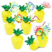 Zodaca Plastic Pineapple Cups with Lids and Straws for Hawaiian Party (10 oz, 12 Pack)