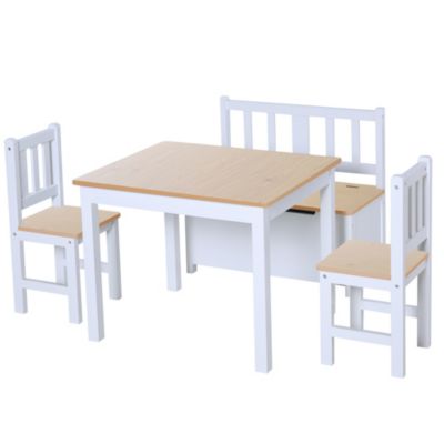 Qaba 4-Piece Kids Table Set with 2 Wooden Chairs, 1 Storage Bench, and Interesting Modern Design, Natural/White