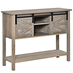 HOMCOM Farmhouse Style Console Table with Sliding Barn Doors and 4 Open Storage Compartments and Elevated Base, Grey