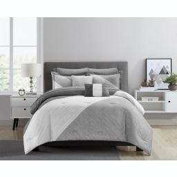 NY&C Home Kinsley 9 Piece Comforter Set Color Block Design Distressed Stripe Print Bed In A Bag Bedding - Sheets Pillowcases Decorative Pillows Shams Included, Queen, Grey