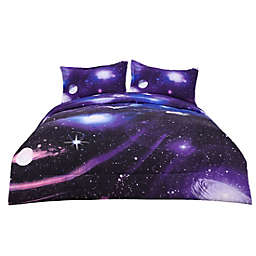 PiccoCasa Reversible Galaxies All-Season Quilted Comforter Set Purple 2 Pillowcases, Twin