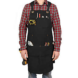 PD Canvas Woodworking Tool Apron with Shoulder Pads, Black, Cross-Back 9 Tool Pockets   Shop Apron Carpenters, Men, Leather Welding