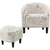 Slickblue Letter Print French Upholstered Barrel Chair and Ottoman Set