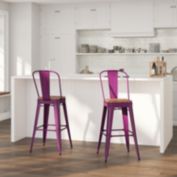 Merrick Lane Sarah 30" Metal Indoor-Outdoor Counter Stool with Vertical Slat Back, Integrated Footrest and Wood Seat in Purple