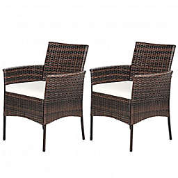 Costway 2 Pieces Rattan Arm Dining Chair Cushioned Sofa Furniture Patio