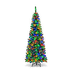 Gymax 6.5ft Pre-Lit Pencil Christmas Tree Hinged PVC Tree w/ 250 Colorful LED Lights