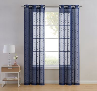 42 W x 63 L Blue Moroccan Print Sheer Curtains for Bedroom Faux Linen Blend Textured Geometry Lattice Grommet Window Treatment Semi Drapes Panel Set for Living Room 2 Panels 