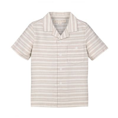 Hope & Henry Boys&#39; Short Sleeve Button Down Camp Shirt, Stone Stripe Linen, 6-12 Months