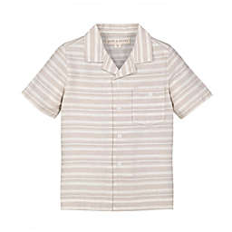 Hope & Henry Boys' Short Sleeve Button Down Camp Shirt, Stone Stripe Linen, 6-12 Months
