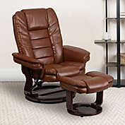 Flash Furniture Bali Contemporary Multi-Position Recliner with Horizontal Stitching and Ottoman with Swivel Mahogany Wood Base in Brown Vintage Leather