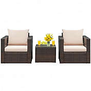 Costway 3 Pcs Patio Conversation Rattan Furniture Set with Cushion